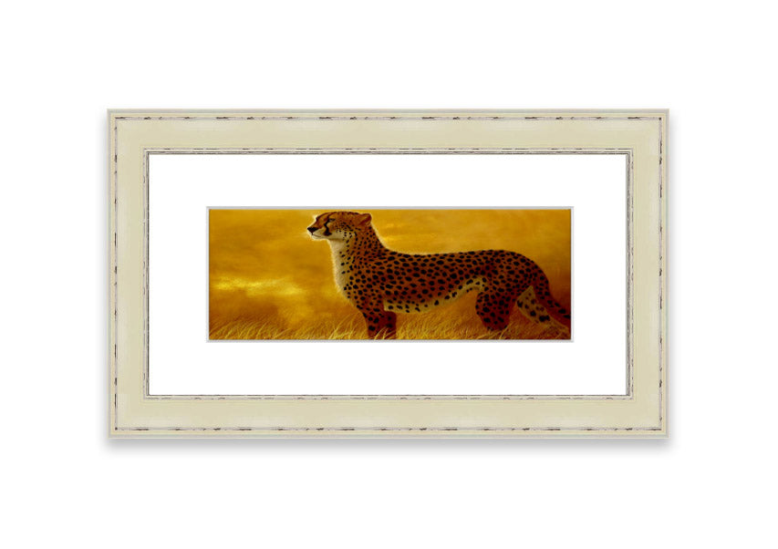 A beautifully framed print of an African Cheetah, showcasing its elegance and grace, available in various frame colors.