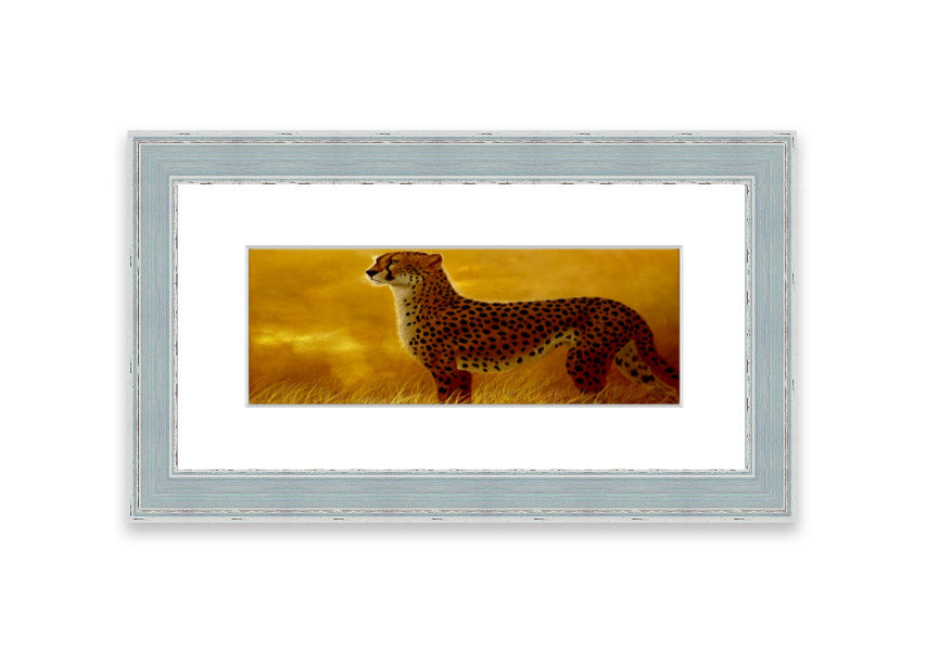 A beautifully framed print of an African Cheetah, showcasing its elegance and grace, available in various frame colors.