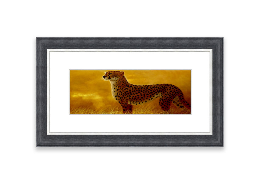 A beautifully framed print of an African Cheetah, showcasing its elegance and grace, available in various frame colors.