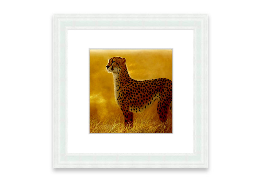 A beautifully framed print of an African Cheetah, showcasing its elegance and grace, available in various frame colors.