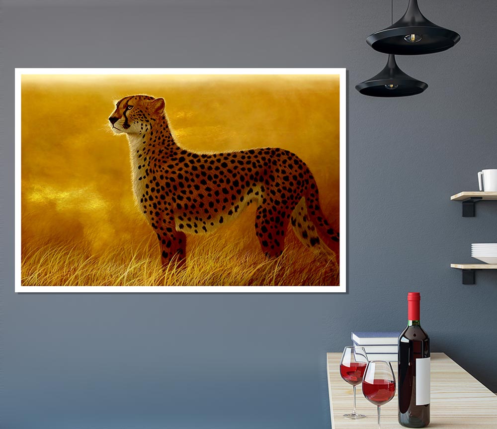 A vibrant African Cheetah poster printed on high-quality canvas, showcasing the majestic animal in its natural beauty.