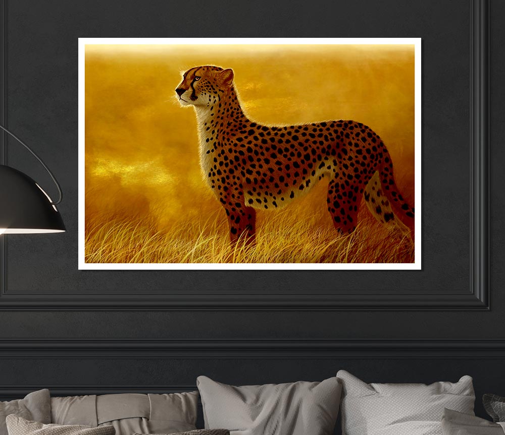 A vibrant African Cheetah poster printed on high-quality canvas, showcasing the majestic animal in its natural beauty.