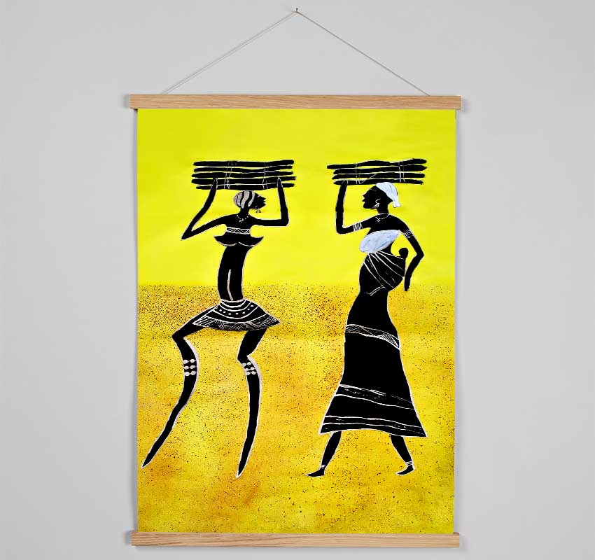 A set of African Collecting The Crops wooden poster hangers displaying vibrant prints, featuring a sleek design with magnetic fastening in black, white, and natural oak finishes.