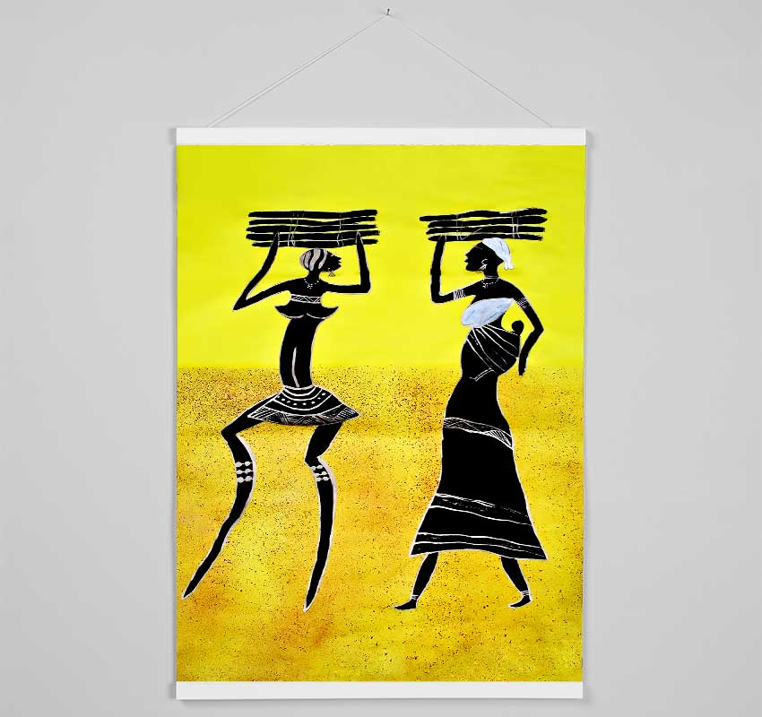 A set of African Collecting The Crops wooden poster hangers displaying vibrant prints, featuring a sleek design with magnetic fastening in black, white, and natural oak finishes.