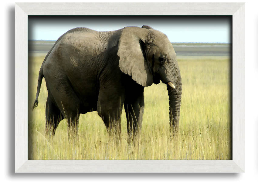 Framed print of an African elephant in Namibia, showcasing intricate details and vibrant colors, available in various frame colors.