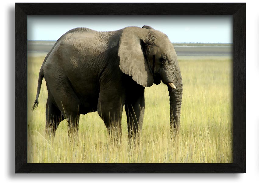 Framed print of an African elephant in Namibia, showcasing intricate details and vibrant colors, available in various frame colors.