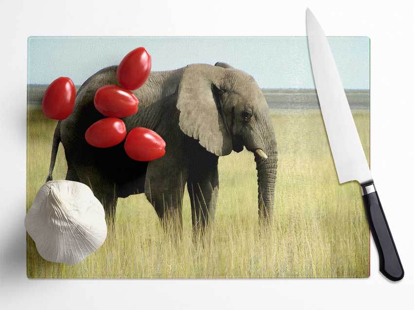 A beautifully designed African Elephant Namibia chopping board made from tempered glass, featuring a chinchilla ripple effect and anti-slip feet.