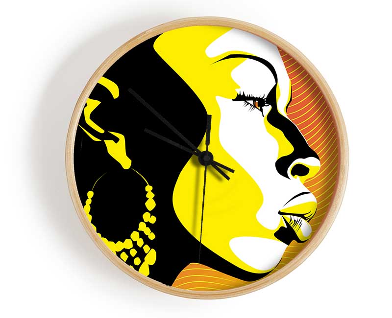 A beautifully designed clock featuring an African female silhouette bathed in golden light, crafted from natural bamboo.