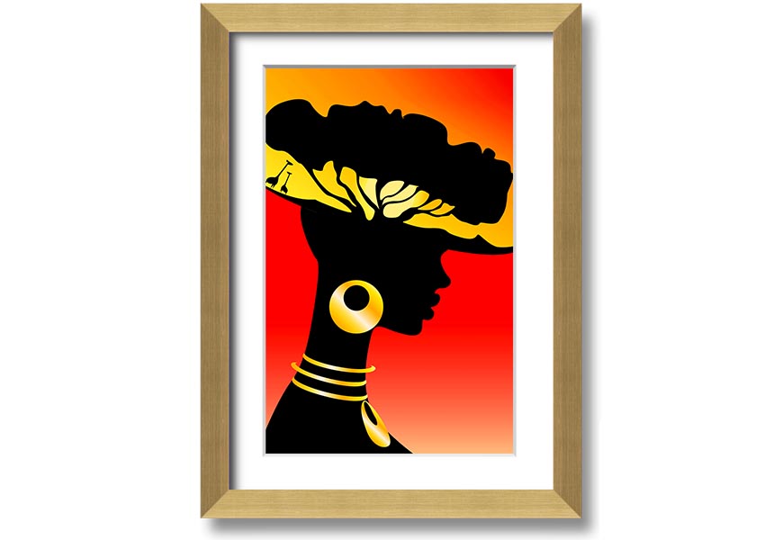 Framed print of African Female Home Lands, showcasing vibrant colors and intricate details, ready to hang.