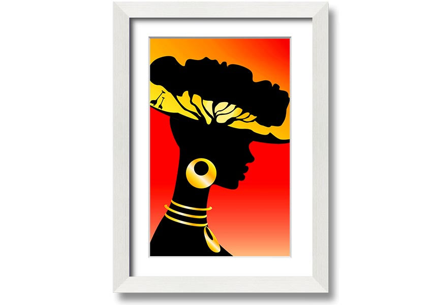 Framed print of African Female Home Lands, showcasing vibrant colors and intricate details, ready to hang.