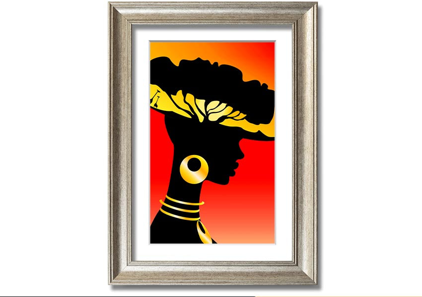 Framed print of African Female Home Lands, showcasing vibrant colors and intricate details, ready to hang.