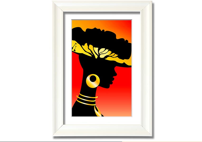 Framed print of African Female Home Lands, showcasing vibrant colors and intricate details, ready to hang.