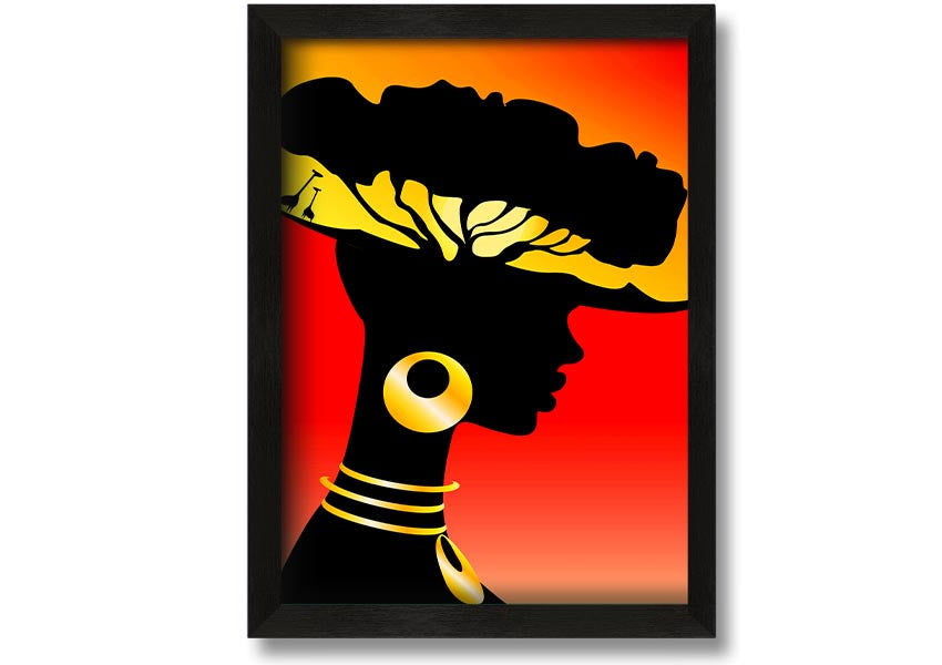 Framed print of African Female Home Lands, showcasing vibrant colors and intricate details, ready to hang.