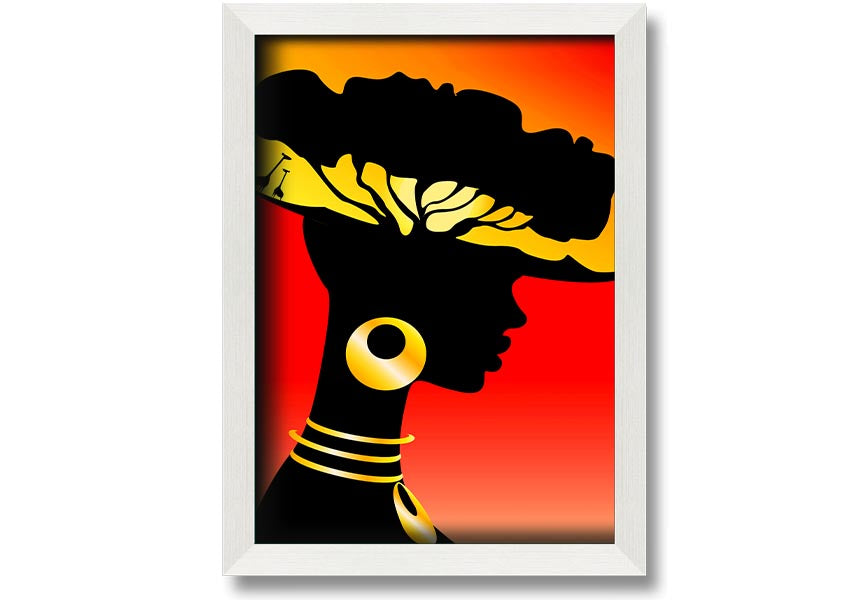 Framed print of African Female Home Lands, showcasing vibrant colors and intricate details, ready to hang.