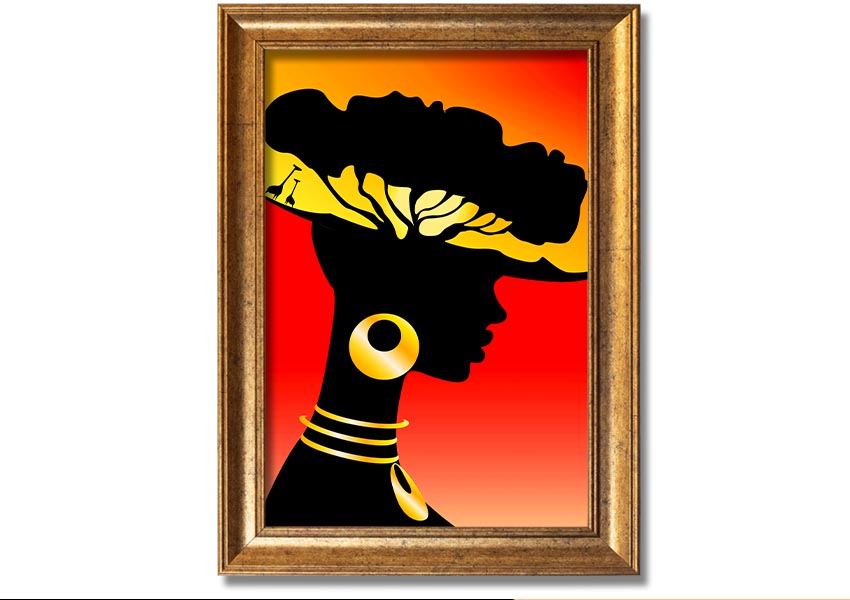 Framed print of African Female Home Lands, showcasing vibrant colors and intricate details, ready to hang.