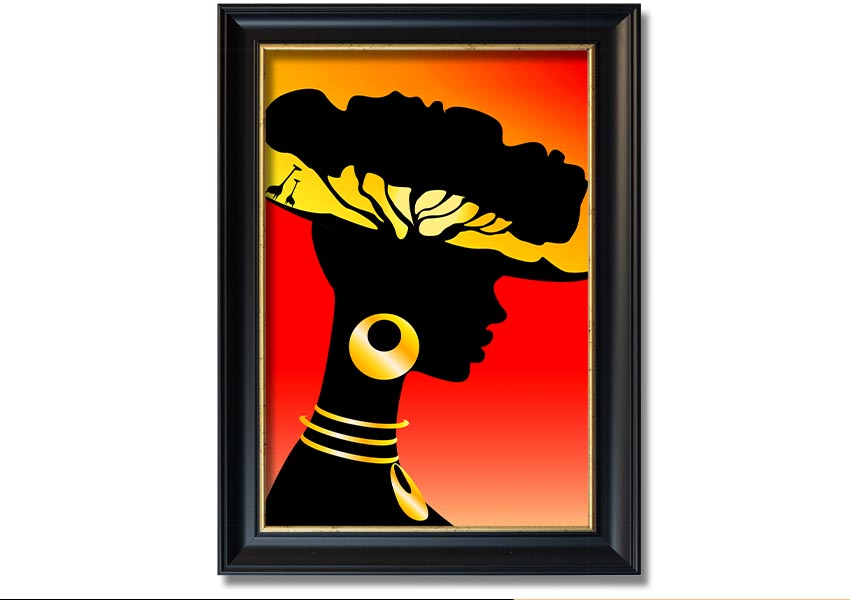 Framed print of African Female Home Lands, showcasing vibrant colors and intricate details, ready to hang.