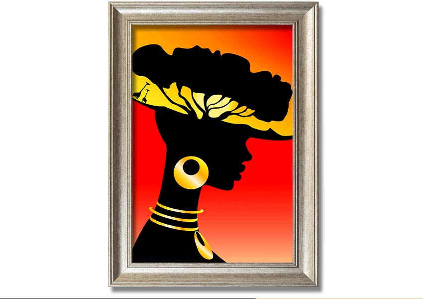 Framed print of African Female Home Lands, showcasing vibrant colors and intricate details, ready to hang.