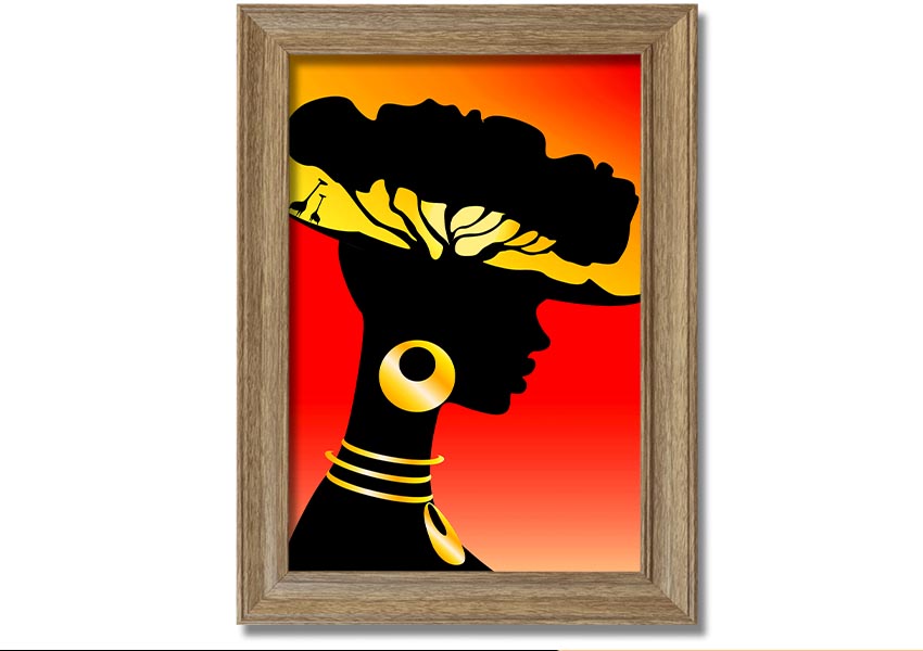 Framed print of African Female Home Lands, showcasing vibrant colors and intricate details, ready to hang.