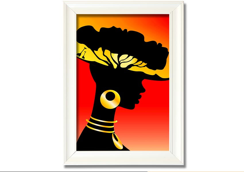 Framed print of African Female Home Lands, showcasing vibrant colors and intricate details, ready to hang.