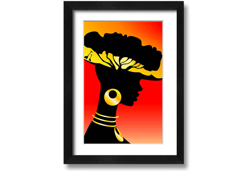 Framed print of African Female Home Lands, showcasing vibrant colors and intricate details, ready to hang.