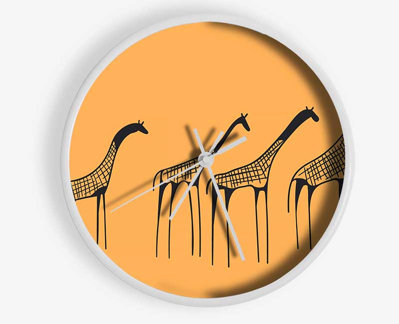 A stylish African Giraffe clock made from natural bamboo, featuring a round face and clear Plexiglas lens, available in multiple colors.