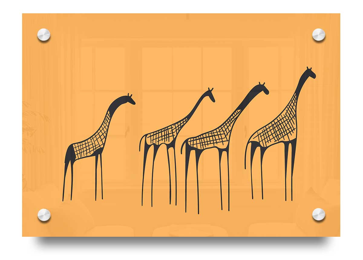 A vibrant acrylic print of an African Giraffe, showcasing its long neck and distinctive patterns, mounted on a wall.