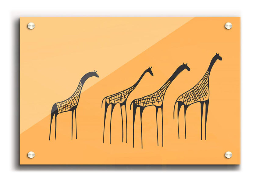 A vibrant acrylic print of an African Giraffe, showcasing its long neck and distinctive patterns, mounted on a wall.