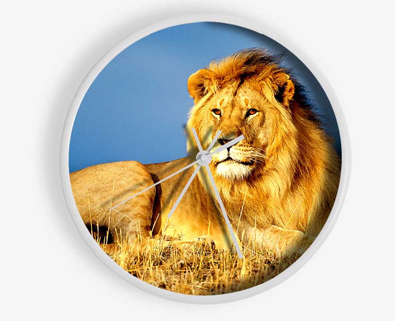 African Lion King clock made from natural bamboo with a round face and clear Plexiglas lens, available in black, white, and natural frame colors.