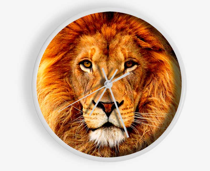 A stylish African Lion clock made from natural bamboo, featuring a round face and clear Plexiglas lens, available in black, white, and natural frame colors.