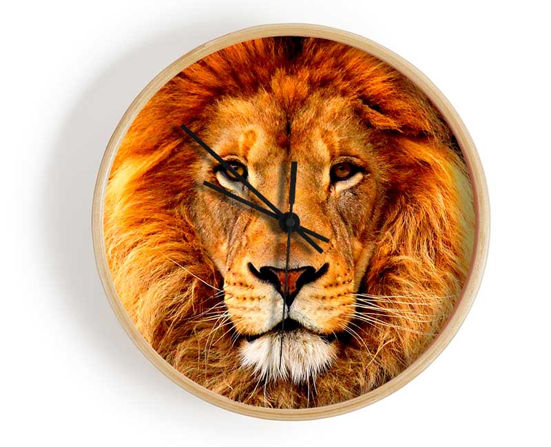 A stylish African Lion clock made from natural bamboo, featuring a round face and clear Plexiglas lens, available in black, white, and natural frame colors.