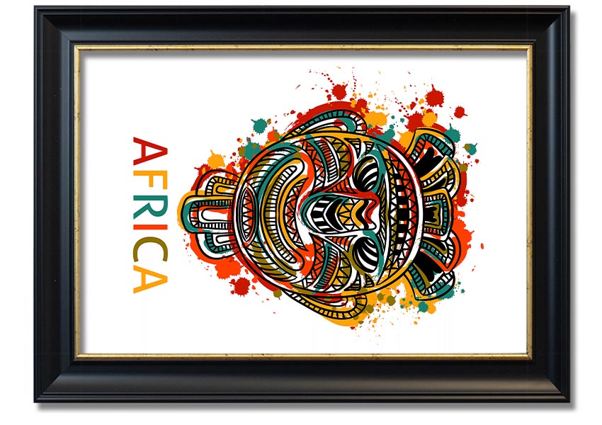 A beautifully crafted African Mask framed print showcasing intricate designs and vibrant colors, ready to hang.