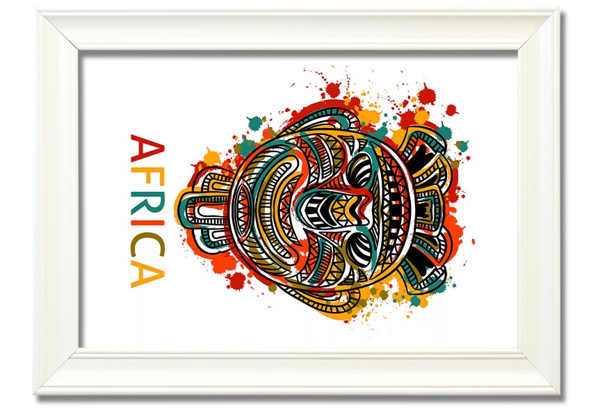 A beautifully crafted African Mask framed print showcasing intricate designs and vibrant colors, ready to hang.