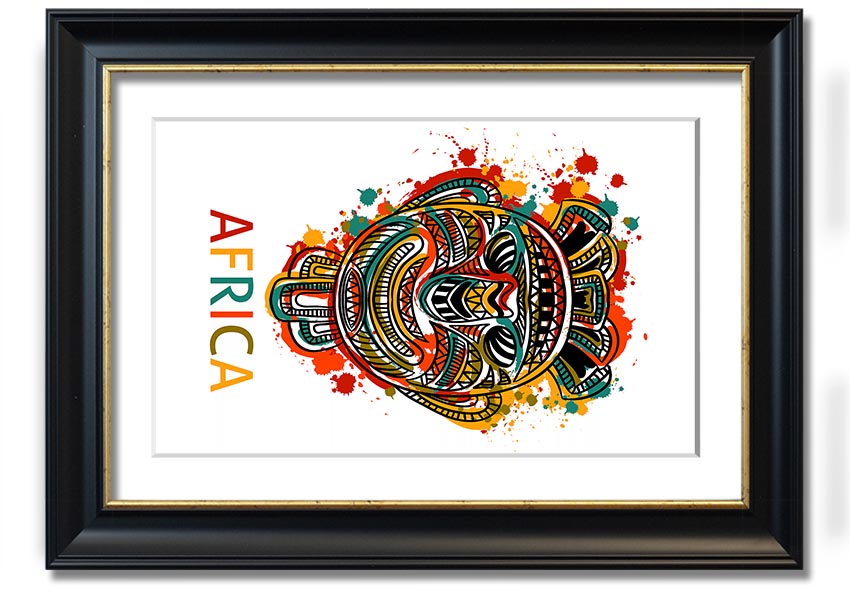 A beautifully crafted African Mask framed print showcasing intricate designs and vibrant colors, ready to hang.