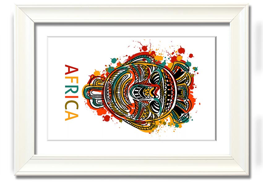 A beautifully crafted African Mask framed print showcasing intricate designs and vibrant colors, ready to hang.