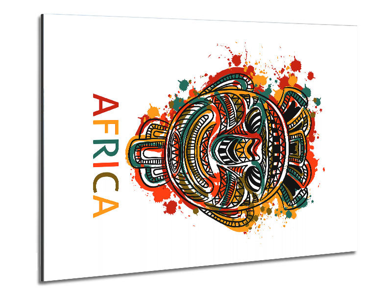 A vibrant African Mask art piece printed on brushed aluminium dibond, showcasing intricate details and colors.