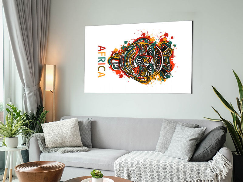 A vibrant African Mask art piece printed on brushed aluminium dibond, showcasing intricate details and colors.