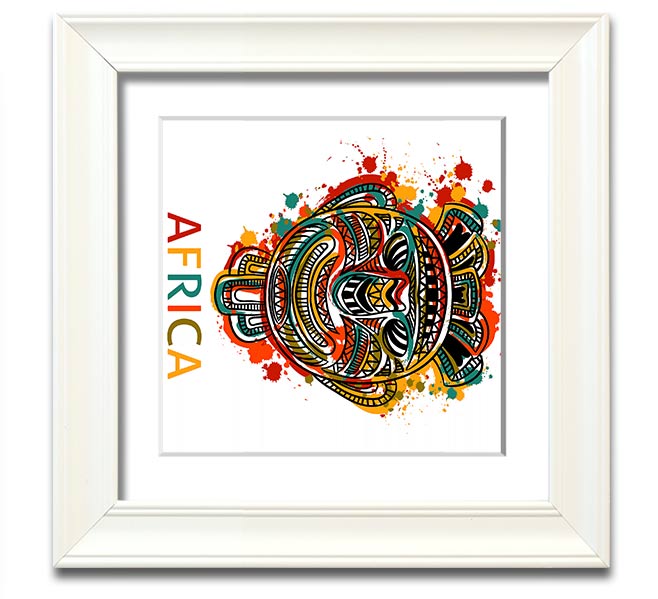 A beautifully framed African mask print showcasing intricate details and vibrant colors, ready to hang.