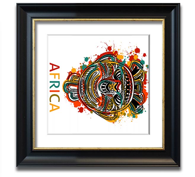 A beautifully framed African mask print showcasing intricate details and vibrant colors, ready to hang.