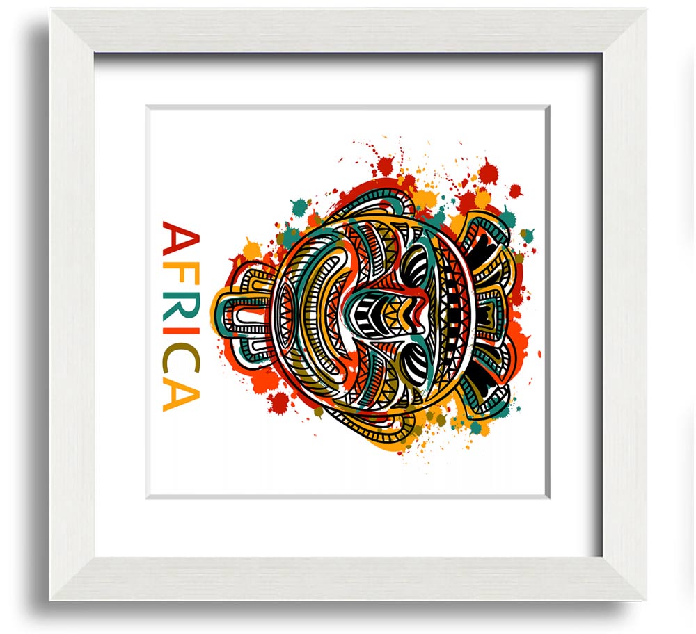 A beautifully framed African mask print showcasing intricate details and vibrant colors, ready to hang.