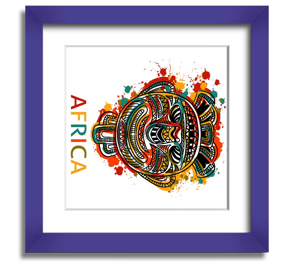 A beautifully framed African mask print showcasing intricate details and vibrant colors, ready to hang.