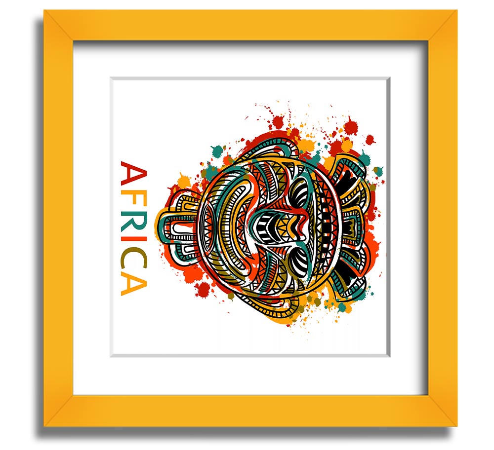 A beautifully framed African mask print showcasing intricate details and vibrant colors, ready to hang.