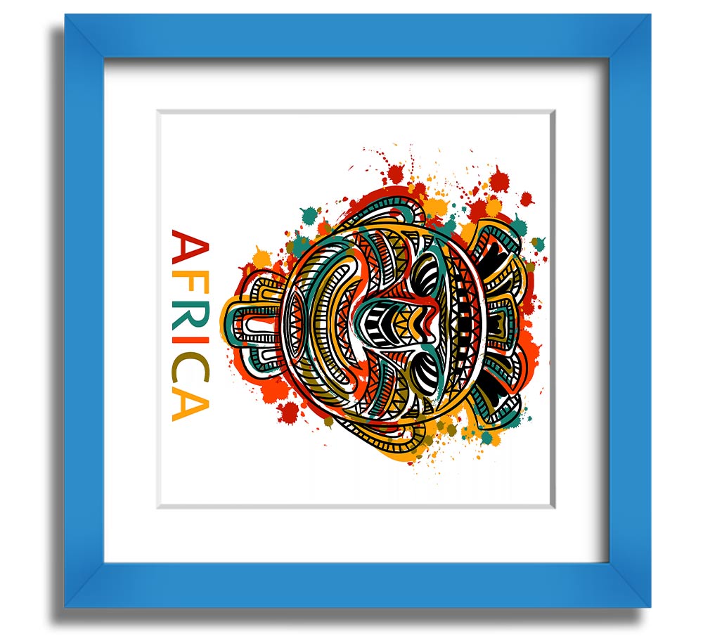 A beautifully framed African mask print showcasing intricate details and vibrant colors, ready to hang.