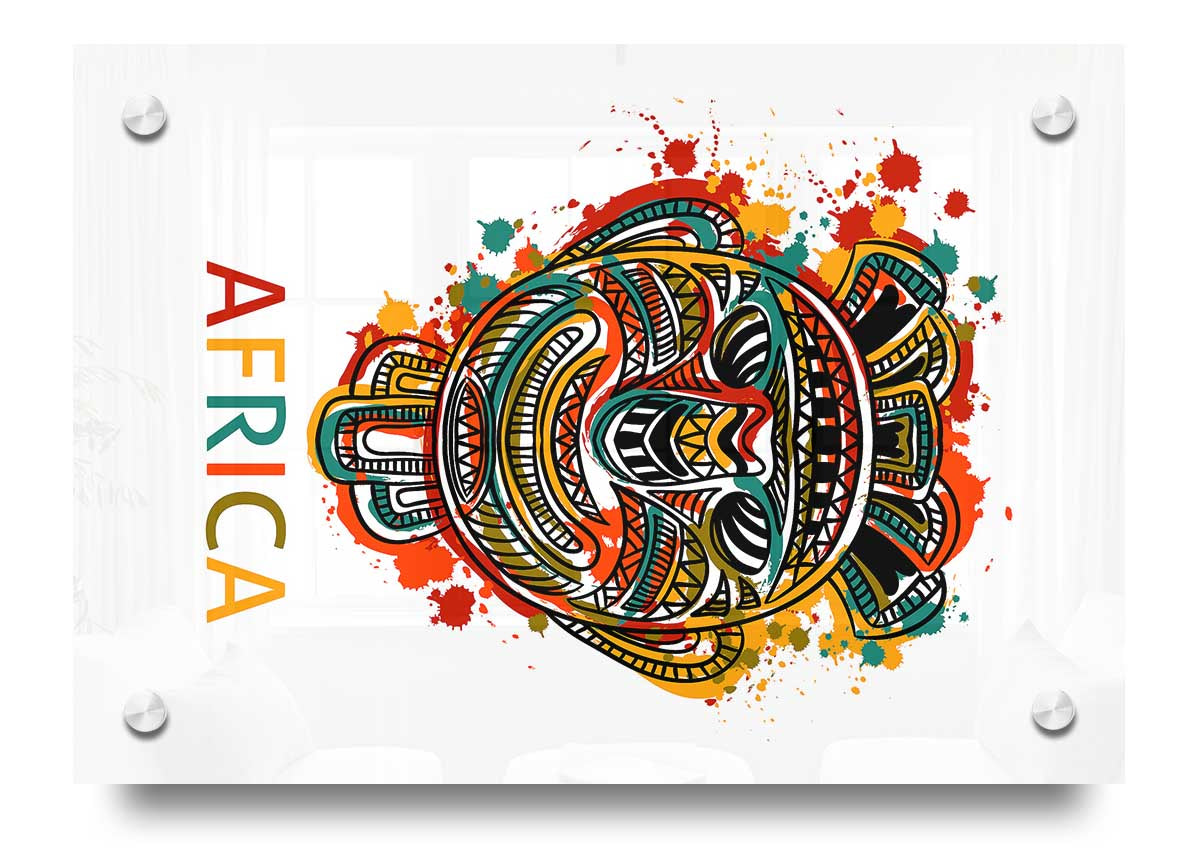 Vibrant African Mask acrylic print on 5mm thick glass, showcasing intricate designs and colors.