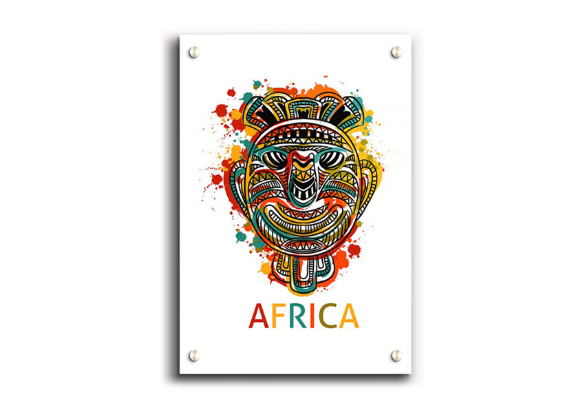 Vibrant African Mask acrylic print on 5mm thick glass, showcasing intricate designs and colors.