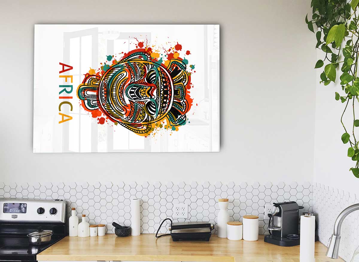 A vibrant African Mask glass print showcasing intricate details and bold colors, perfect for modern home decor.