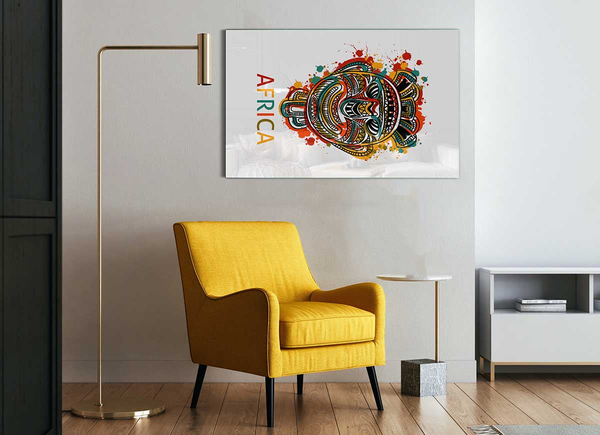 A vibrant African Mask glass print showcasing intricate details and bold colors, perfect for modern home decor.