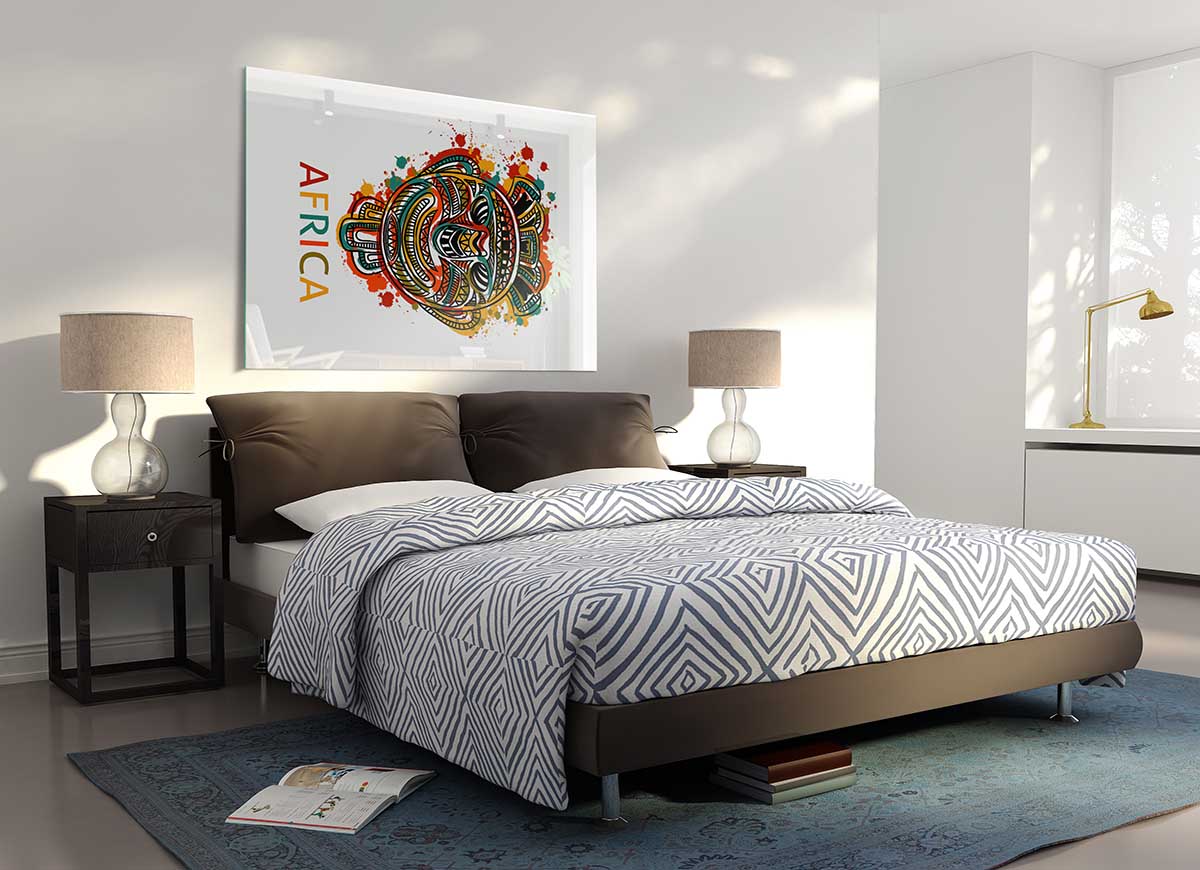 A vibrant African Mask glass print showcasing intricate details and bold colors, perfect for modern home decor.