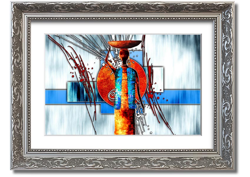 A beautifully framed African Offering print showcasing vibrant colors and intricate designs, ready to hang on a wall.