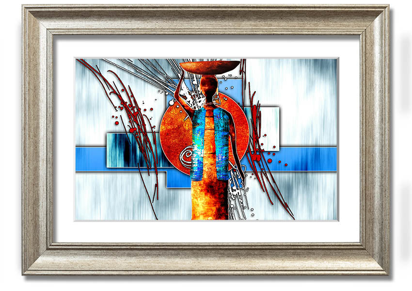 A beautifully framed African Offering print showcasing vibrant colors and intricate designs, ready to hang on a wall.