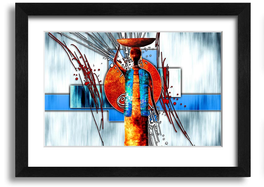 A beautifully framed African Offering print showcasing vibrant colors and intricate designs, ready to hang on a wall.